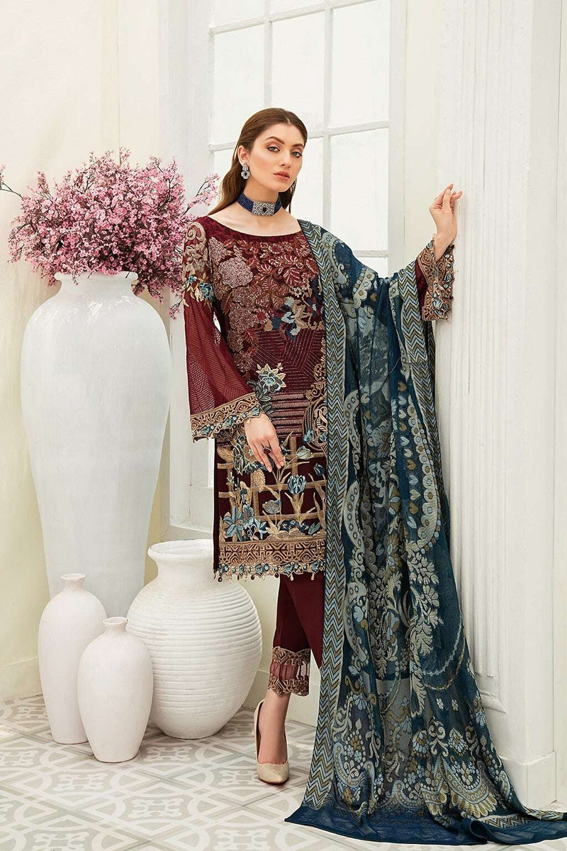 Exclusive Embroidered Party Wear Chiffon Dress H-1901-R