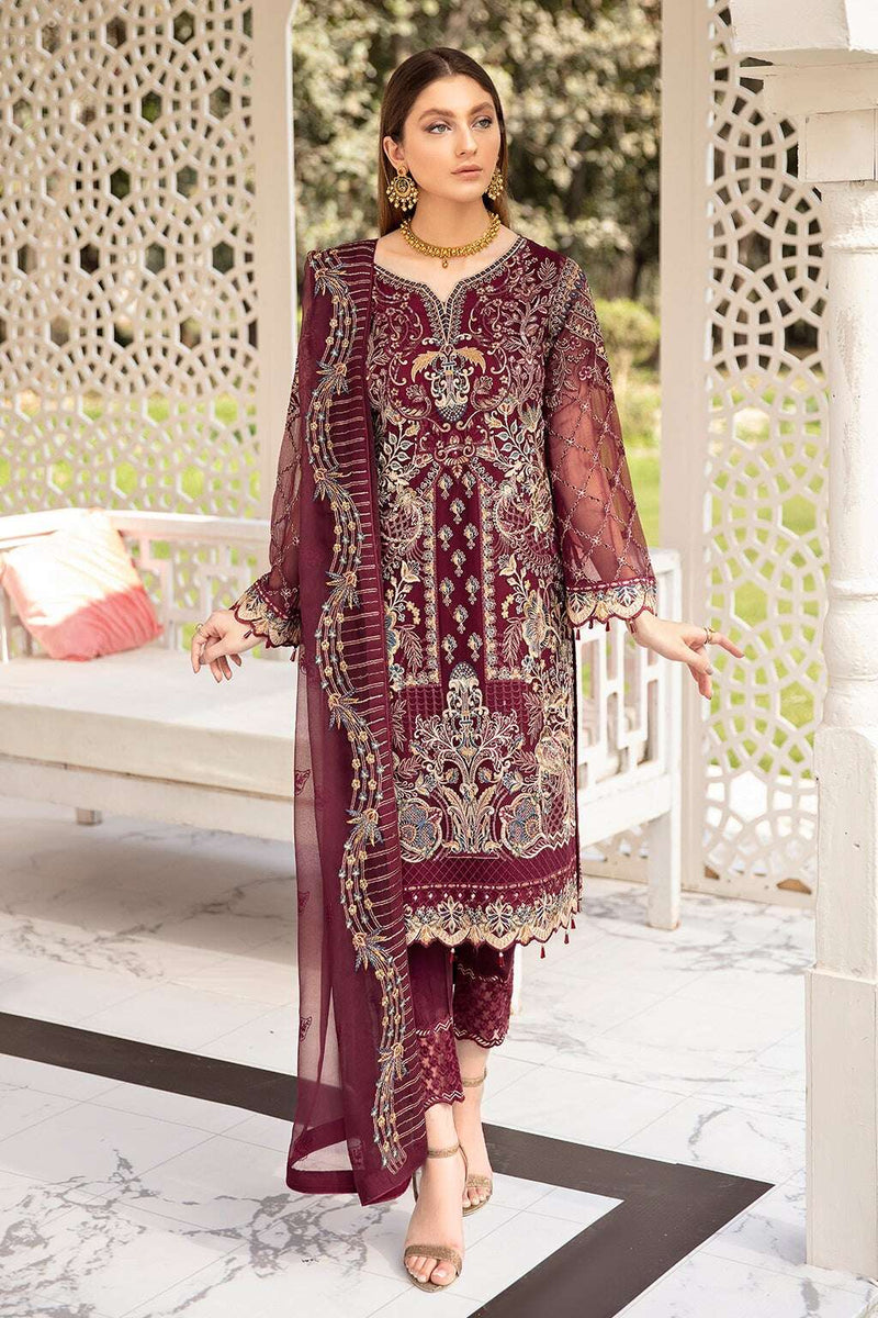 Exclusive Embroidered Party Wear Chiffon Dress H-2003-R