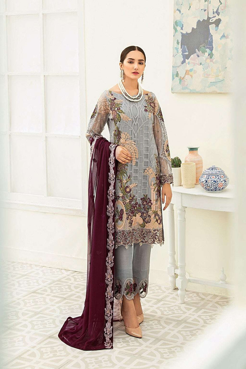Exclusive Embroidered Party Wear Chiffon Dress H-1909-R